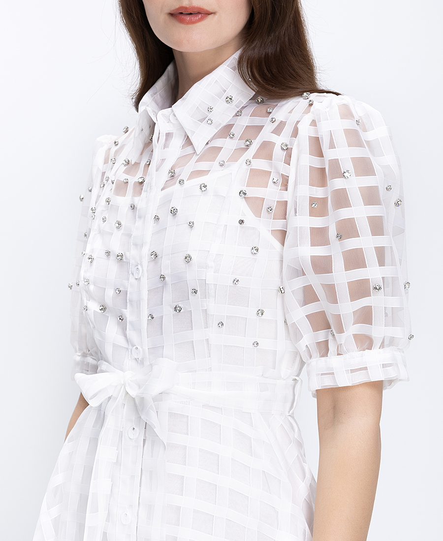 Paper Lace Γυναικείο Φόρεμα Midi Με Διάφανο Καρό Σχέδιο Και Ζώνη φωτογραφία