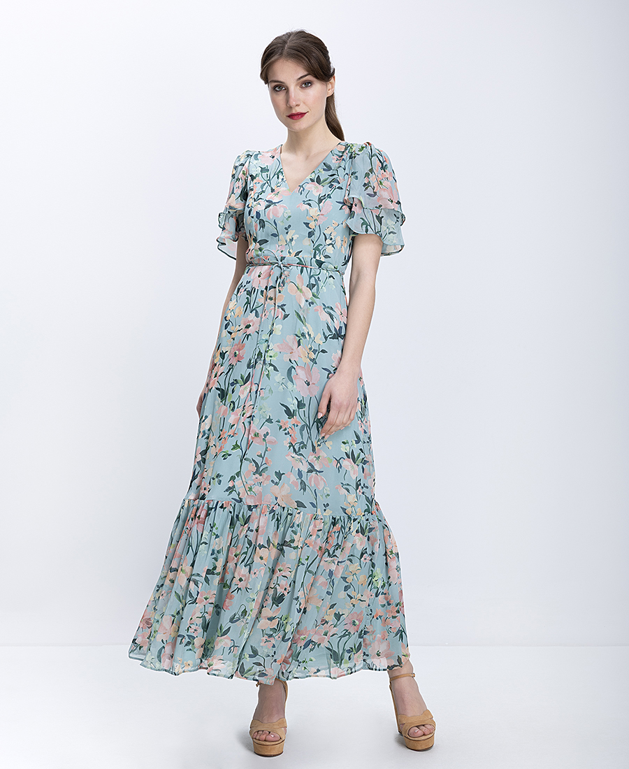 Phase Eight Γυναικείο Maxi Φόρεμα Floral Με Βολάν Στο Τελείωμα Regular Fit