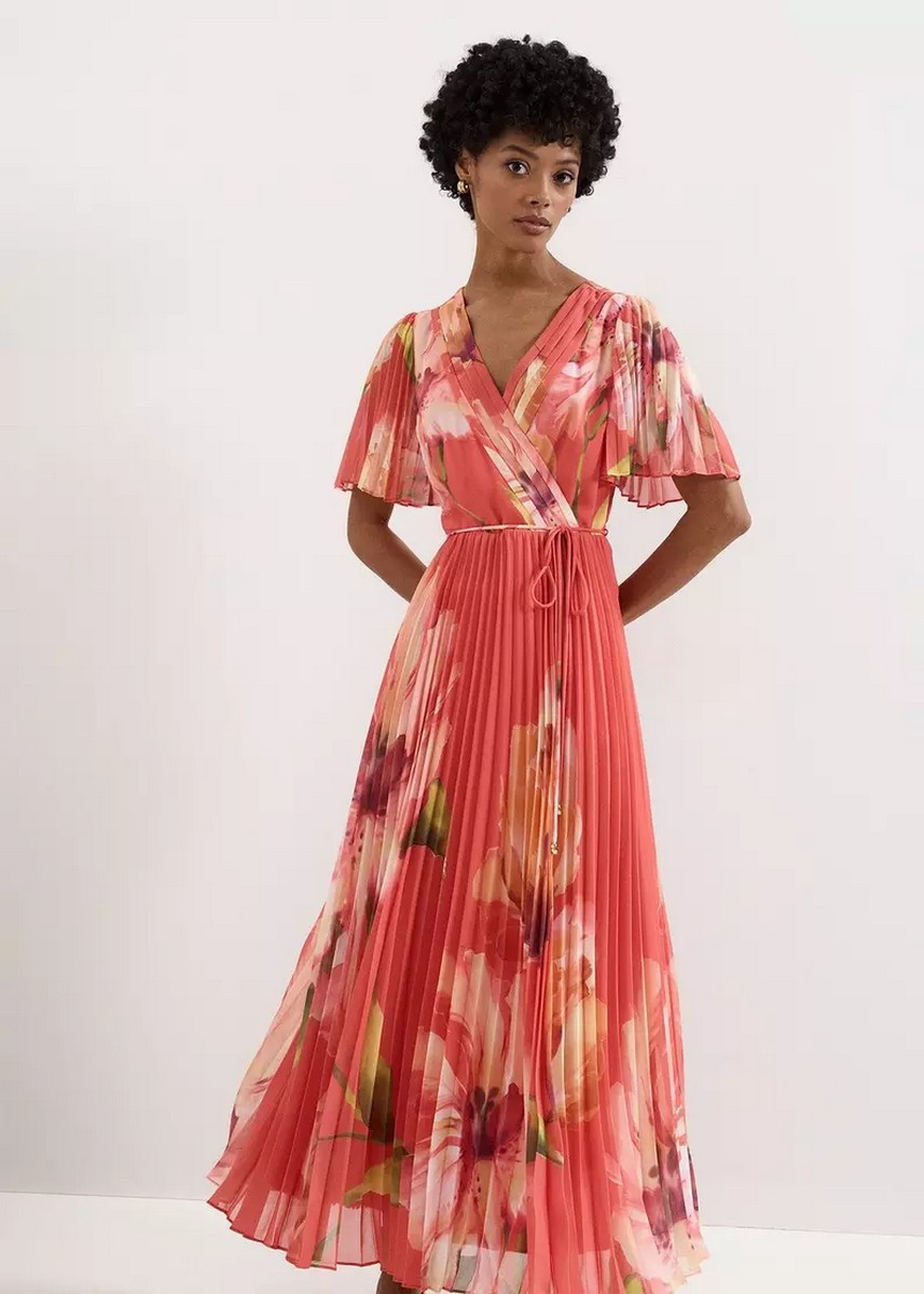 Phase Eight Γυναικείο Φόρεμα Maxi Regular Fit Με Floral Print Και Pleated Λεπτομέρειες