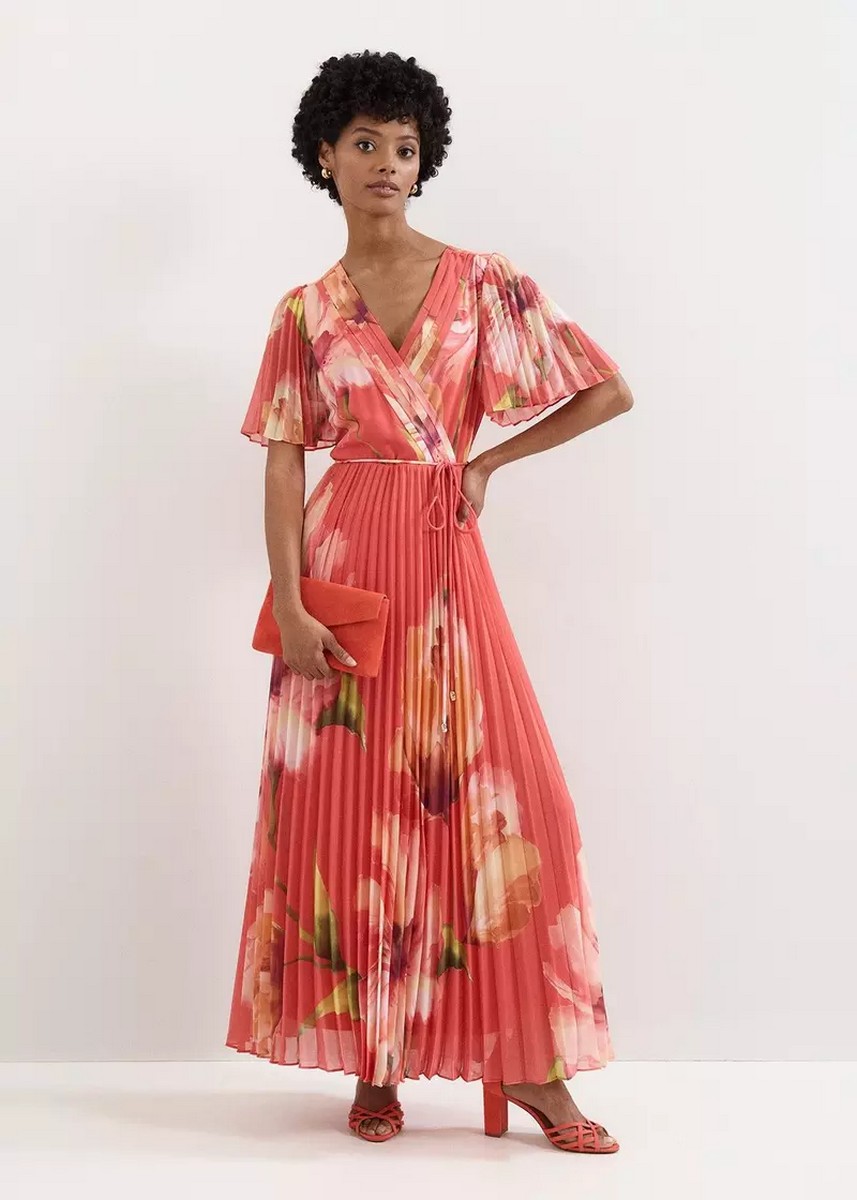 Phase Eight Γυναικείο Φόρεμα Maxi Regular Fit Με Floral Print Και Pleated Λεπτομέρειες
