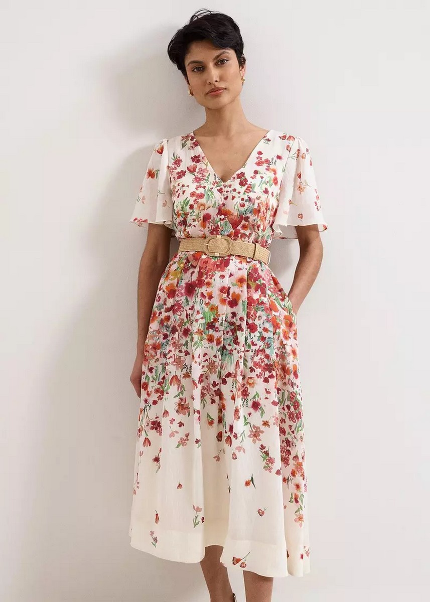 Phase Eight Γυναικείο Φόρεμα Midi Regular Fit Με Floral Print Και Linen Blend Υφή