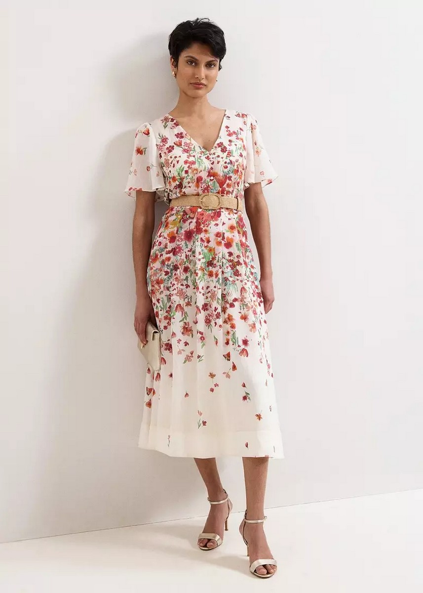 Phase Eight Phase Eight Γυναικείο Φόρεμα Midi Regular Fit Με Floral Print Και Linen Blend Υφή - 2