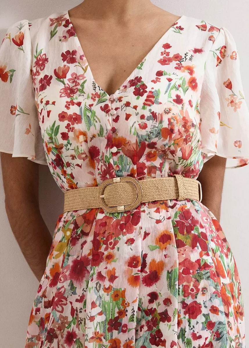 Phase Eight Phase Eight Γυναικείο Φόρεμα Midi Regular Fit Με Floral Print Και Linen Blend Υφή - 4