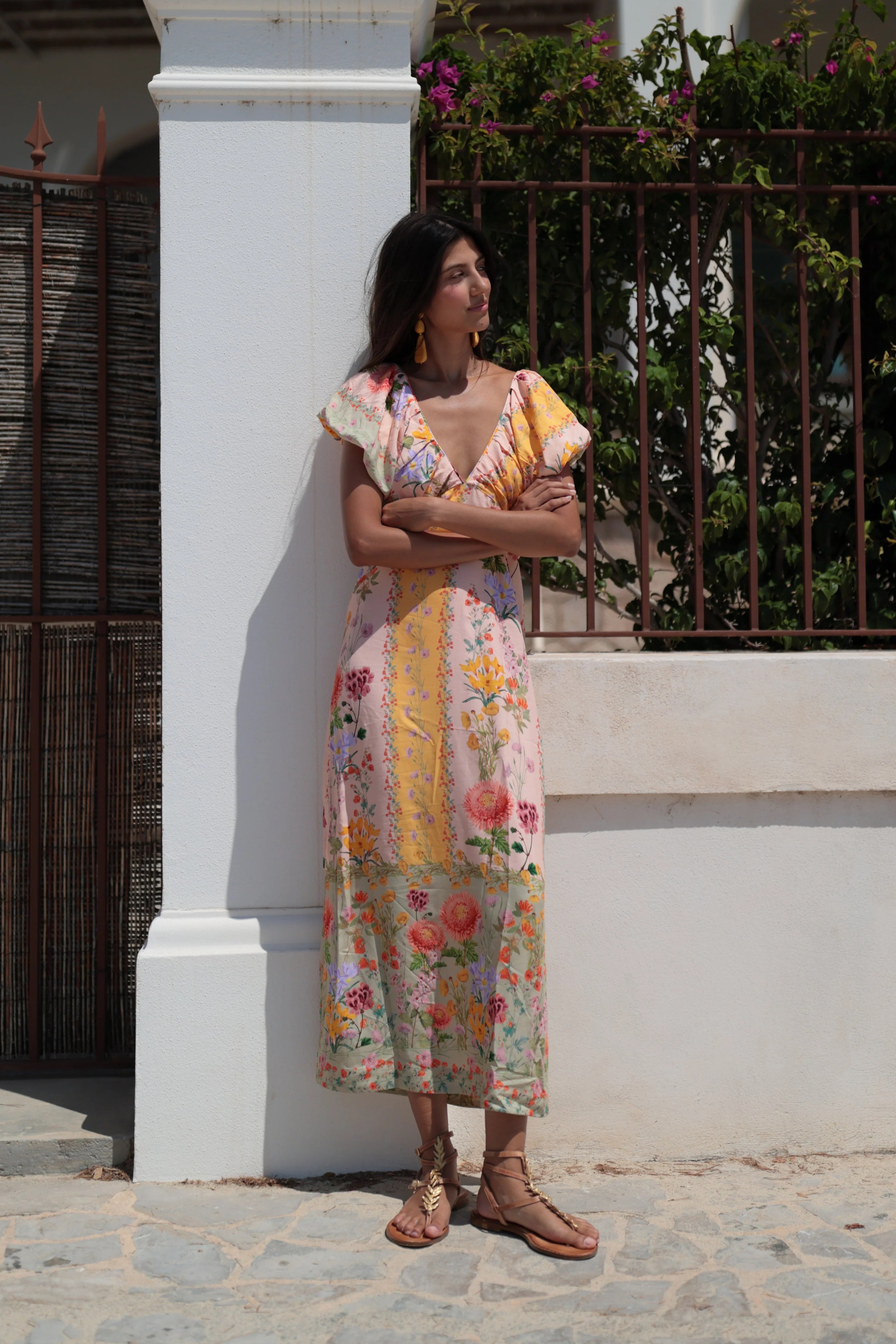 Luna Llena Γυναικείο Φόρεμα Midi Με Floral Print Και V Λαιμόκοψη