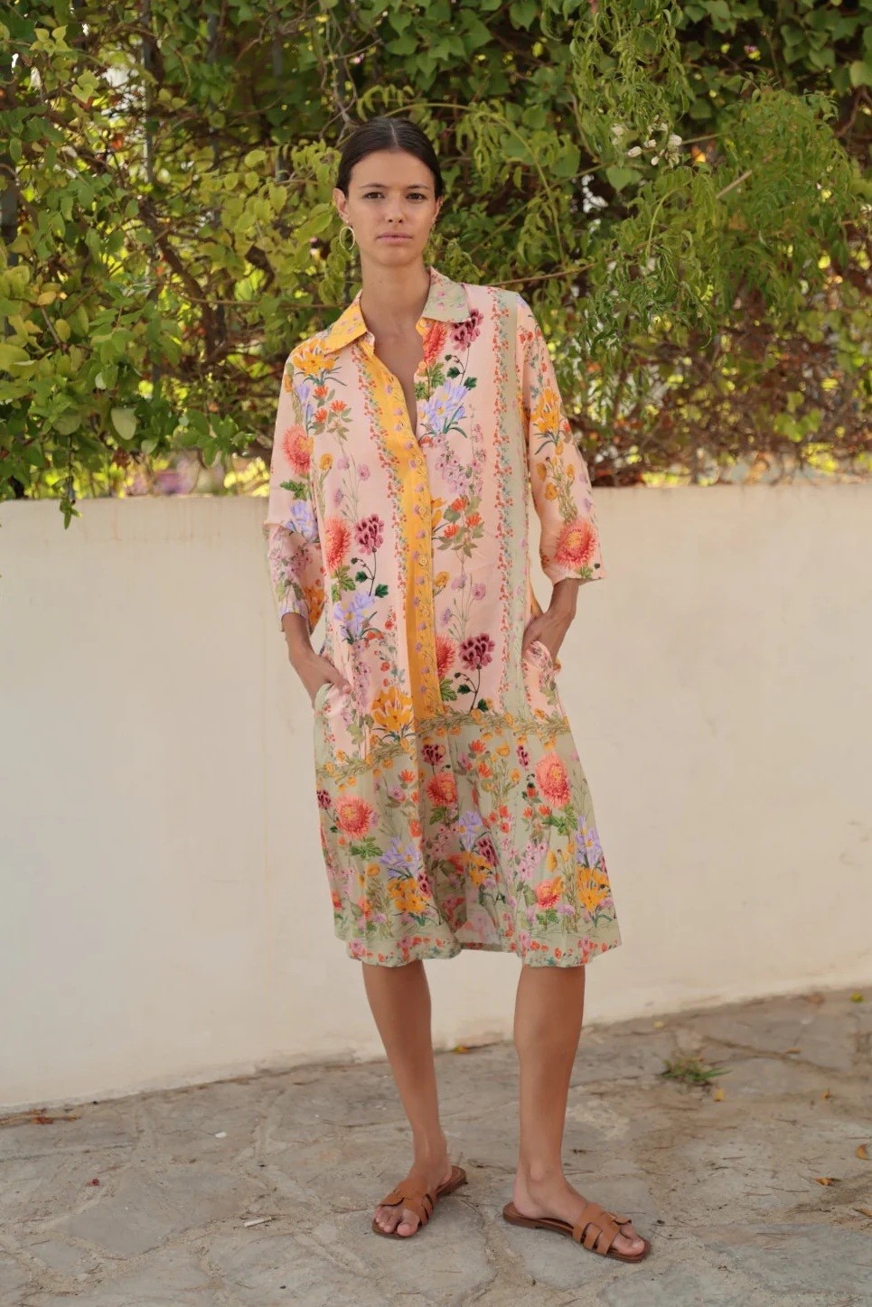 Luna Llena Γυναικείο Φόρεμα Σεμιζιέ Midi Regular Fit Με Floral Print Και Κουμπιά