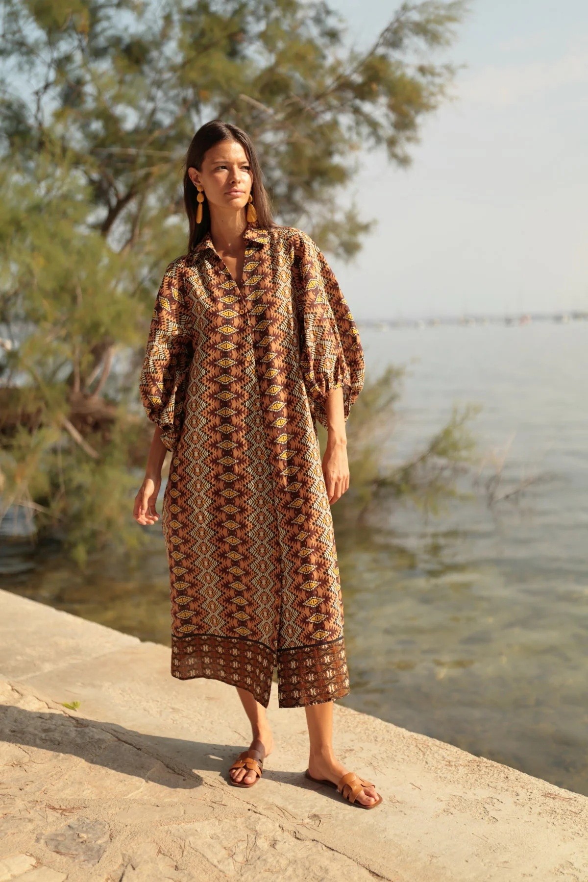 Luna Llena Γυναικείο Σεμιζιέ Midi Με Ethnic Γεωμετρικό Print Και Puff Μανίκια