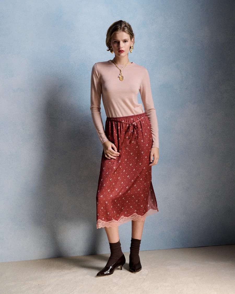 Petite Mendigote Γυναικεία Κεραμιδί Εμπριμέ Midi Φούστα Flare Fit Με Floral Μοτίβο Δαντέλα Και Ελαστική Μέση Για Elegant Casual Εμφανίσεις