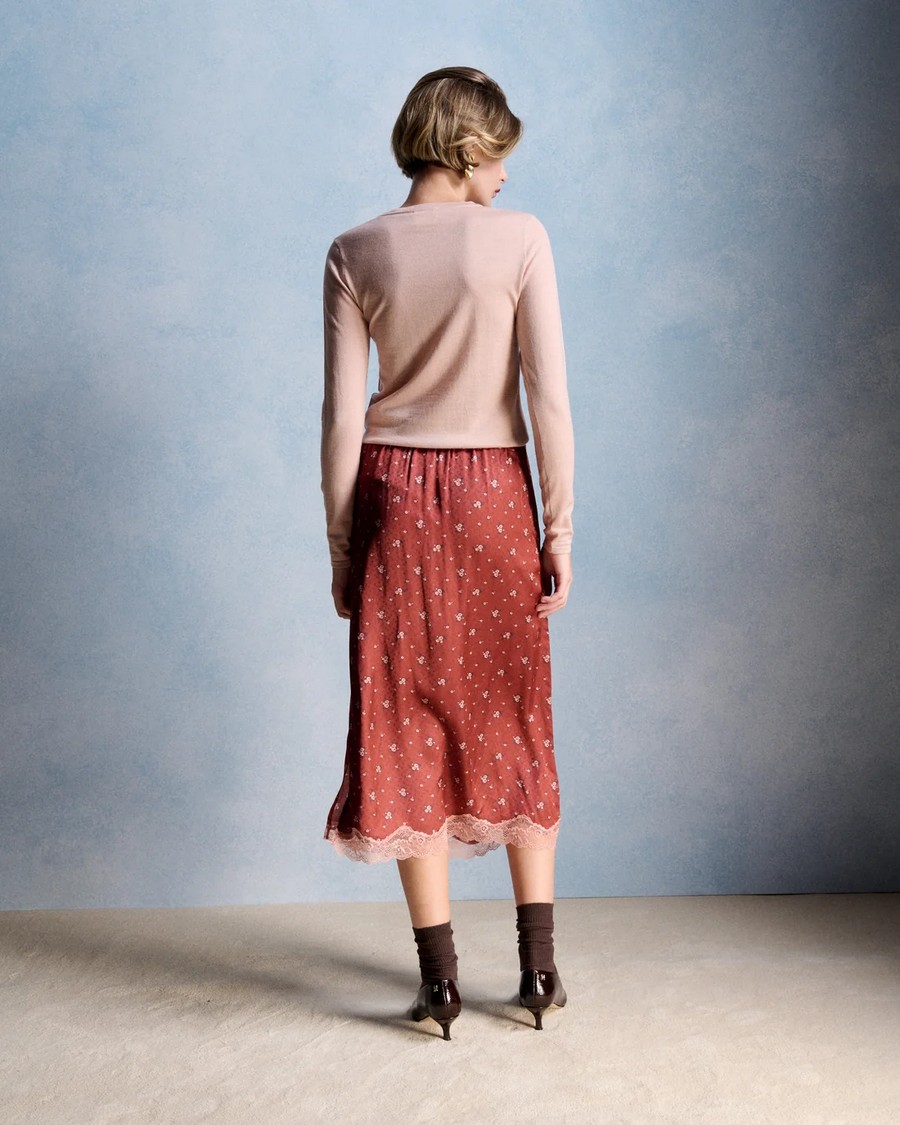 Petite Mendigote Paris Petite Mendigote Γυναικεία Κεραμιδί Εμπριμέ Midi Φούστα Flare Fit Με Floral Μοτίβο Δαντέλα Και Ελαστική Μέση Για Elegant Casual Εμφανίσεις - 3