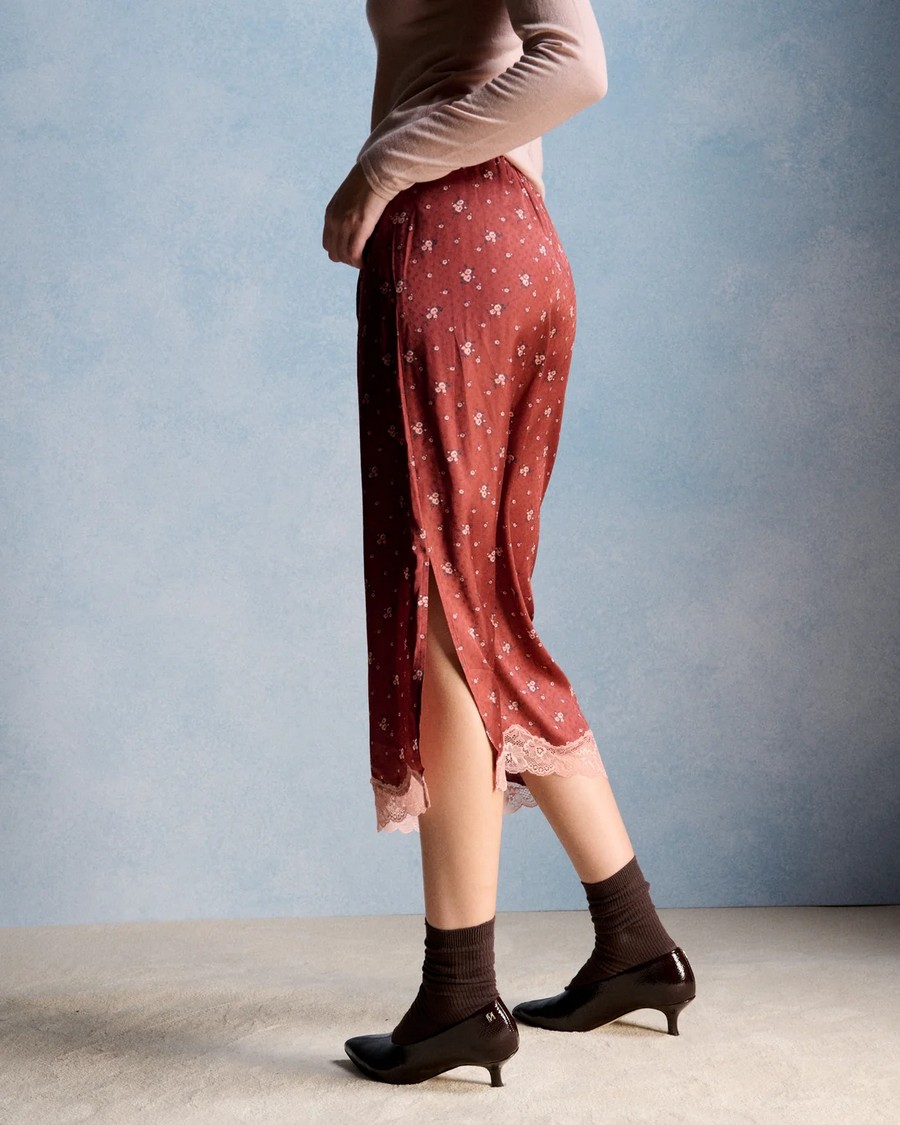 Petite Mendigote Paris Petite Mendigote Γυναικεία Κεραμιδί Εμπριμέ Midi Φούστα Flare Fit Με Floral Μοτίβο Δαντέλα Και Ελαστική Μέση Για Elegant Casual Εμφανίσεις - 4