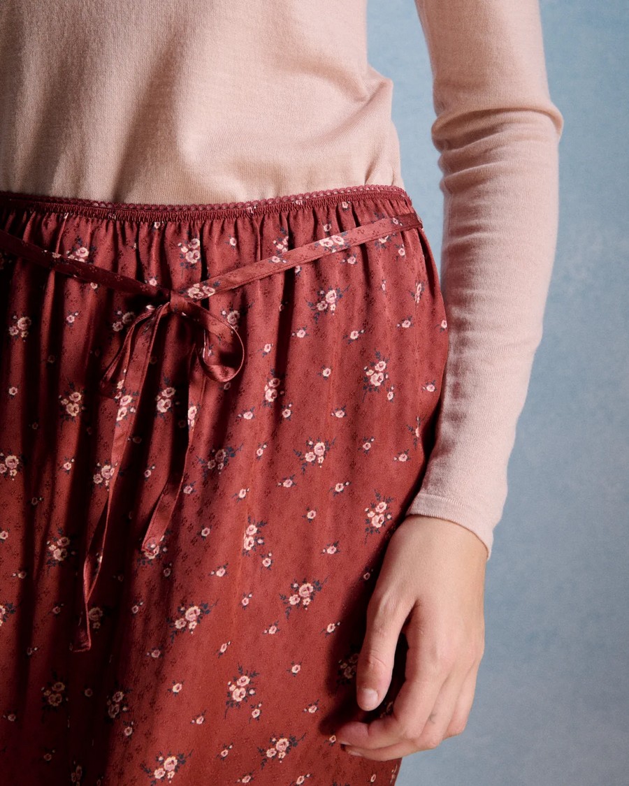 Petite Mendigote Paris Petite Mendigote Γυναικεία Κεραμιδί Εμπριμέ Midi Φούστα Flare Fit Με Floral Μοτίβο Δαντέλα Και Ελαστική Μέση Για Elegant Casual Εμφανίσεις - 5