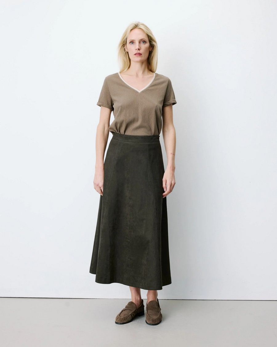 Grace & Mila Γυναικεία Χακί Μονόχρωμη Maxi Φούστα A-Line Fit Από Suede Effect Ύφασμα Ψηλόμεση Για Elegant Casual & Smart Casual Εμφανίσεις