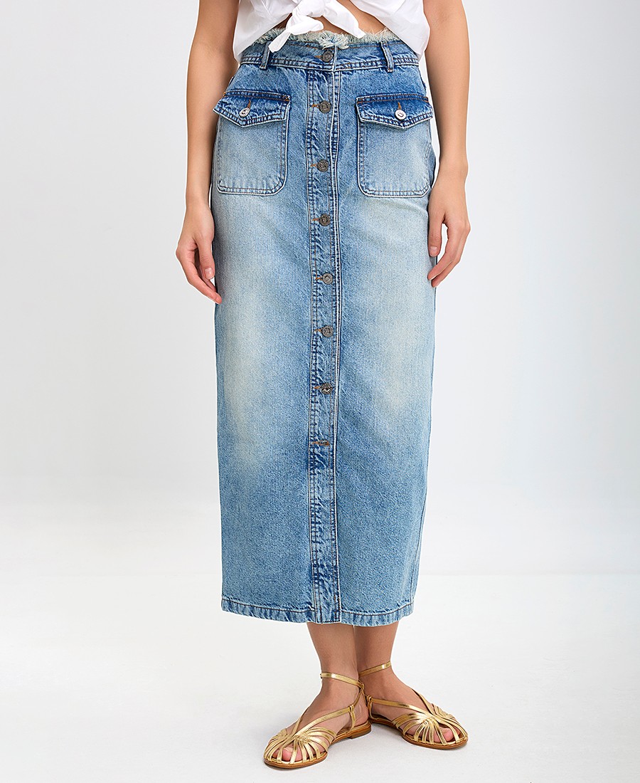 Caractere Caractere Γυναικεία Μακριά Φούστα Denim Slim Fit σε Μπλε