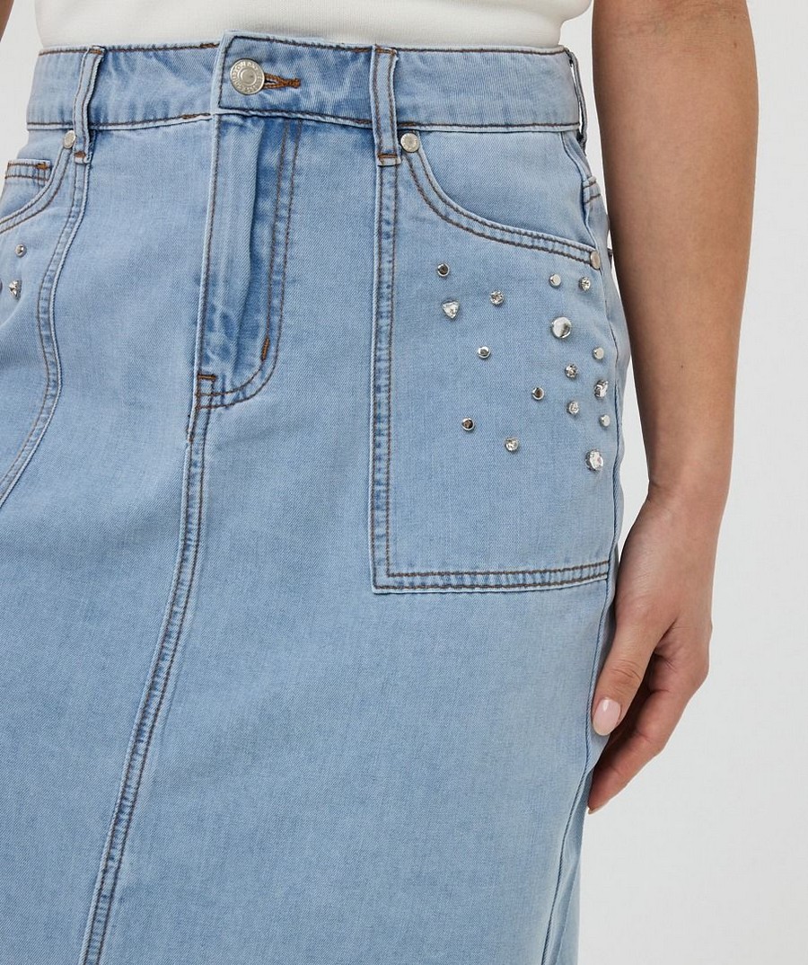 EsQualo Γυνακεία Τζιν Φούστα Midi Βαμβακερή με Τρουκς, Στρας και Σκίσιμο φωτογραφία