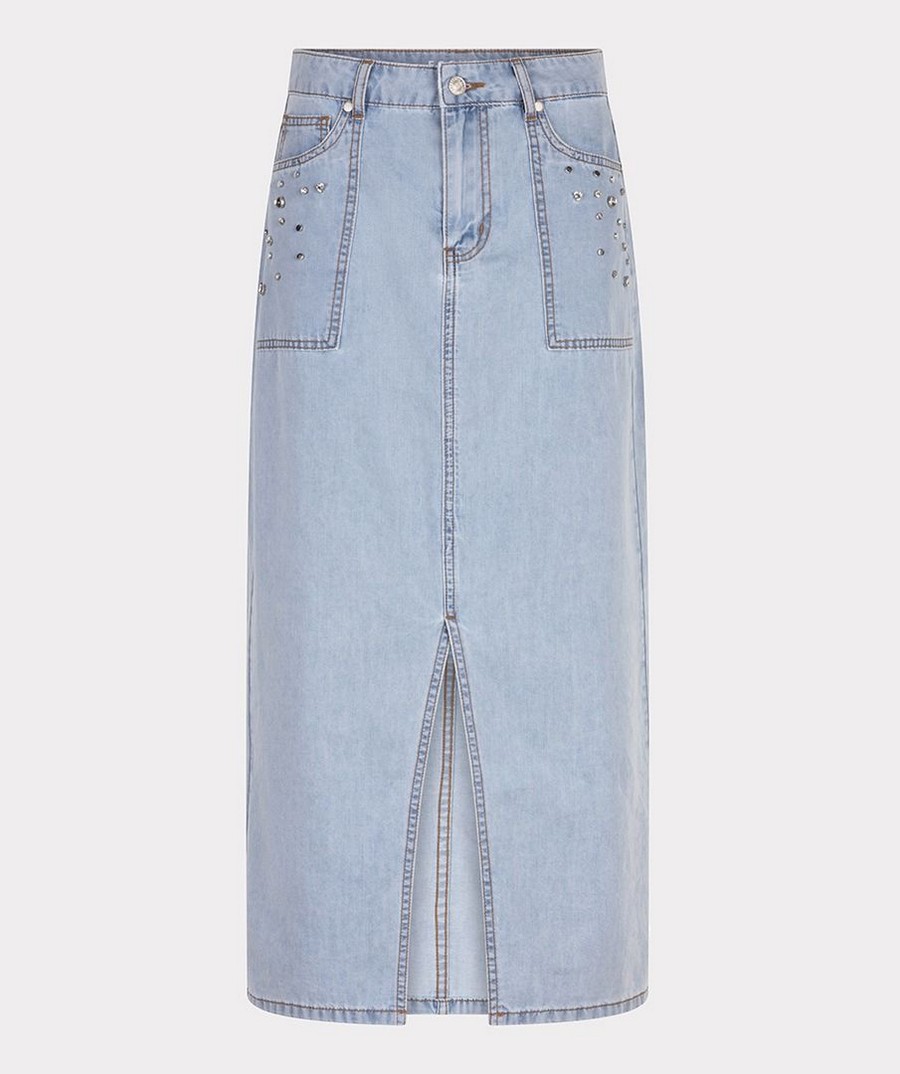 EsQualo Γυνακεία Τζιν Φούστα Midi Βαμβακερή με Τρουκς, Στρας και Σκίσιμο φωτογραφία