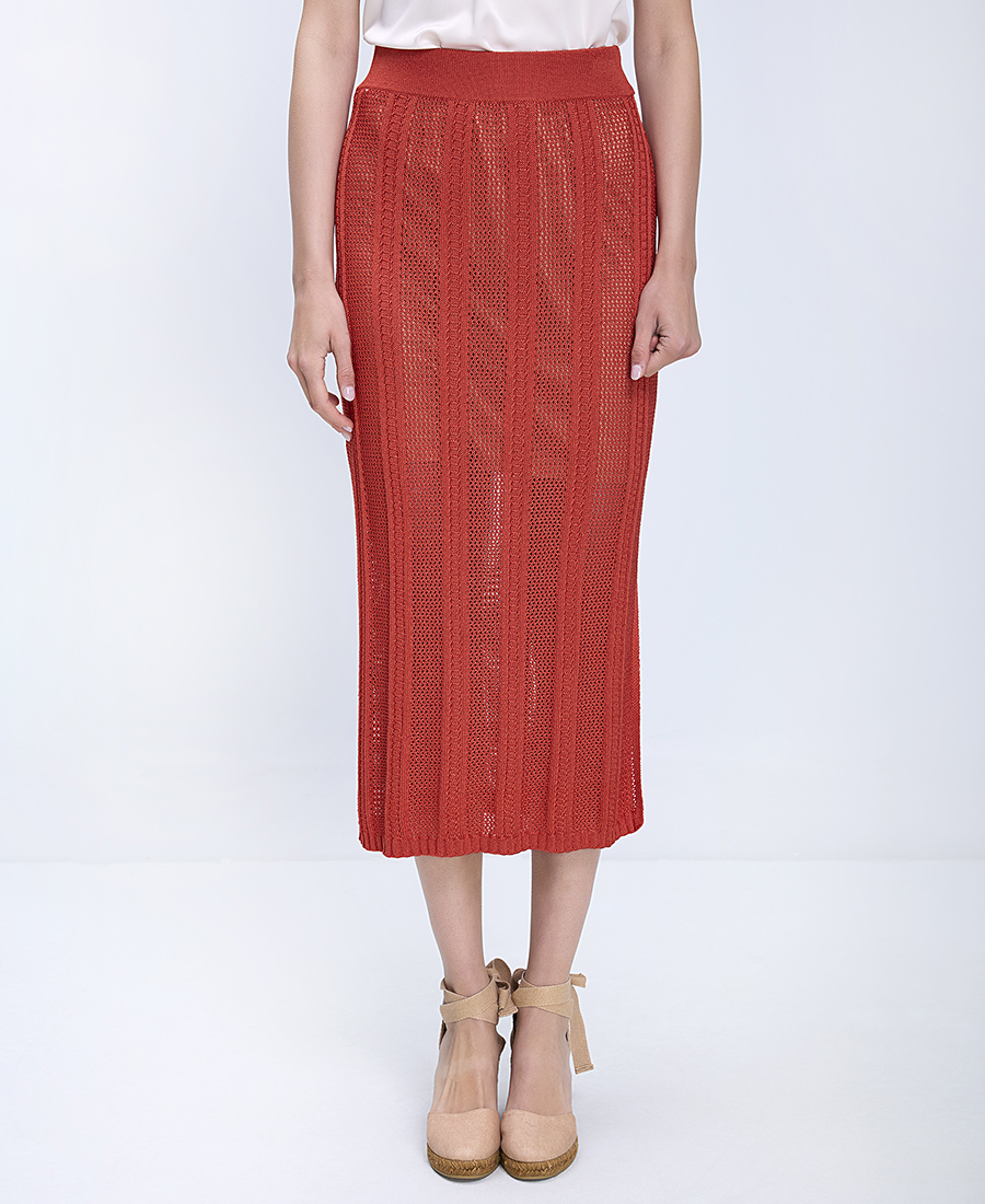 Pennyblack Γυναικεία Φούστα Midi Slim Fit Με Πλεκτή Διάτρητη Υφή Και Ελαστική Μέση