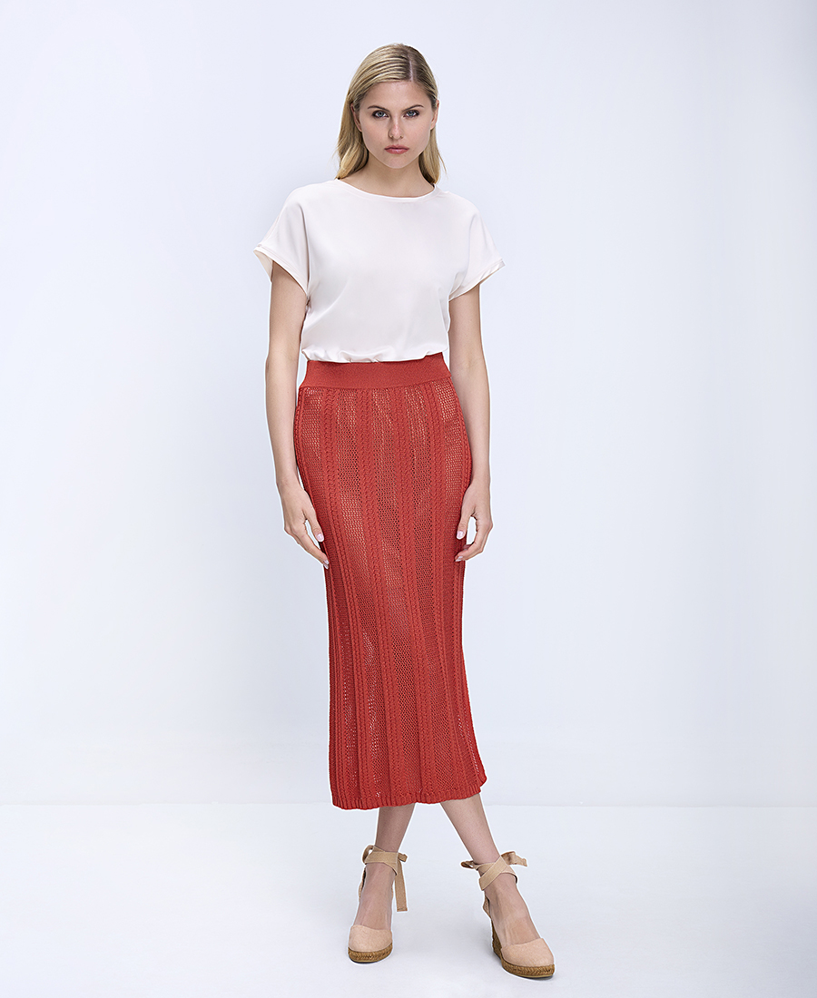 Pennyblack Γυναικεία Φούστα Midi Slim Fit Με Πλεκτή Διάτρητη Υφή Και Ελαστική Μέση