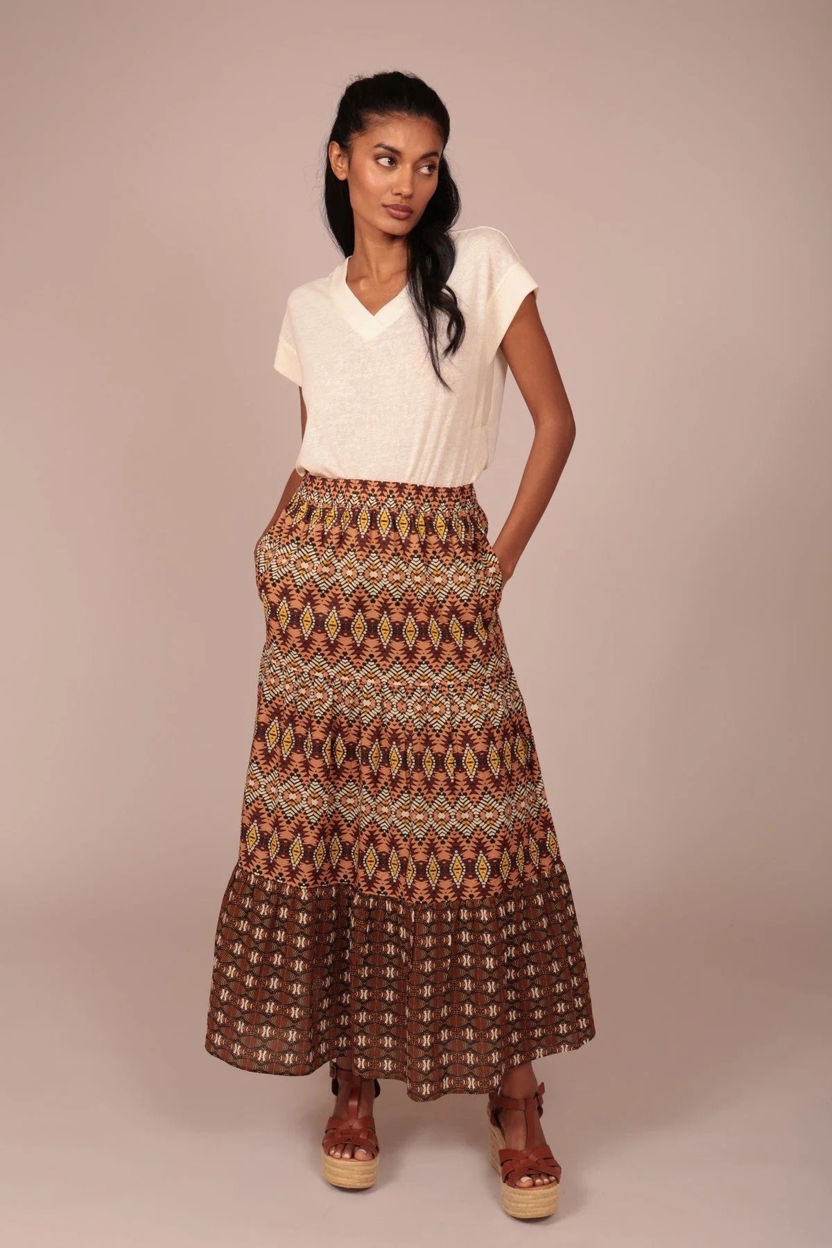 Luna Llena Γυναικεία Maxi Φούστα Boho Με Γεωμετρικό Ethnic Print Και Λάστιχο Στη Μέση