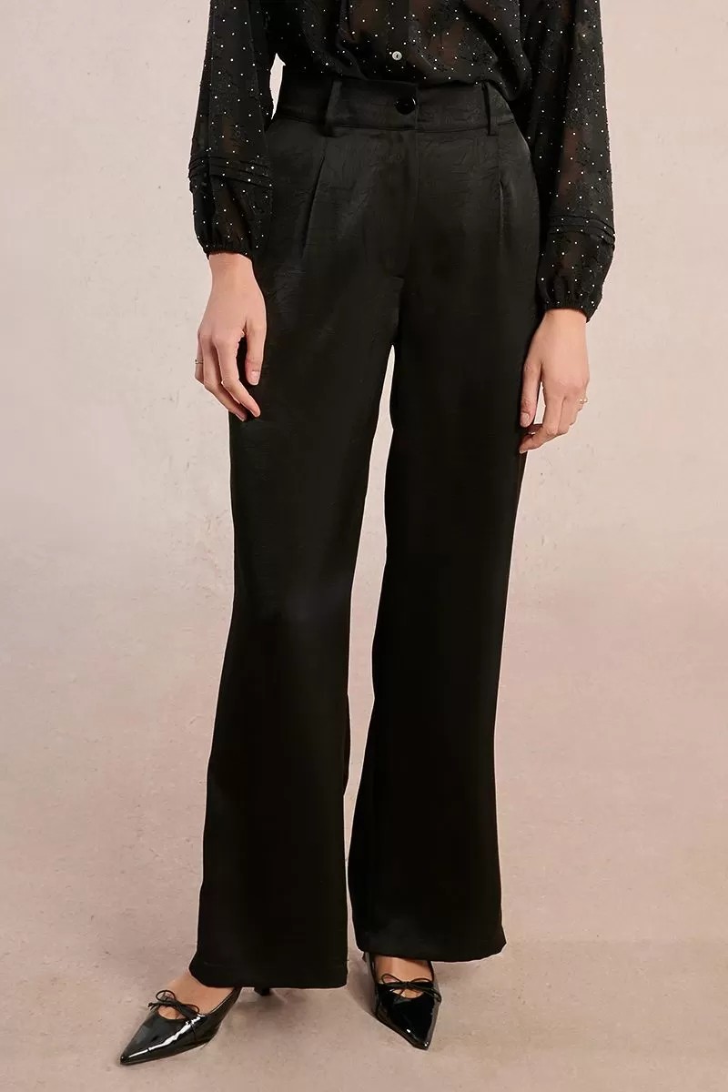 Molly Bracken Molly Bracken Γυναικείο Παντελόνι Wide Leg Satin Μαύρο