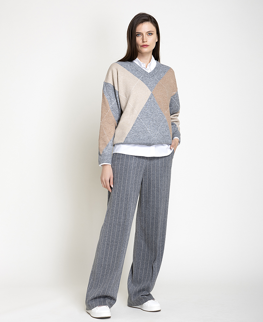 Γυναικείο Γκρι Tailored Παντελόνι Με Ριγέ Μοτίβο Wide Leg Για Business & All-Day Εμφανίσεις