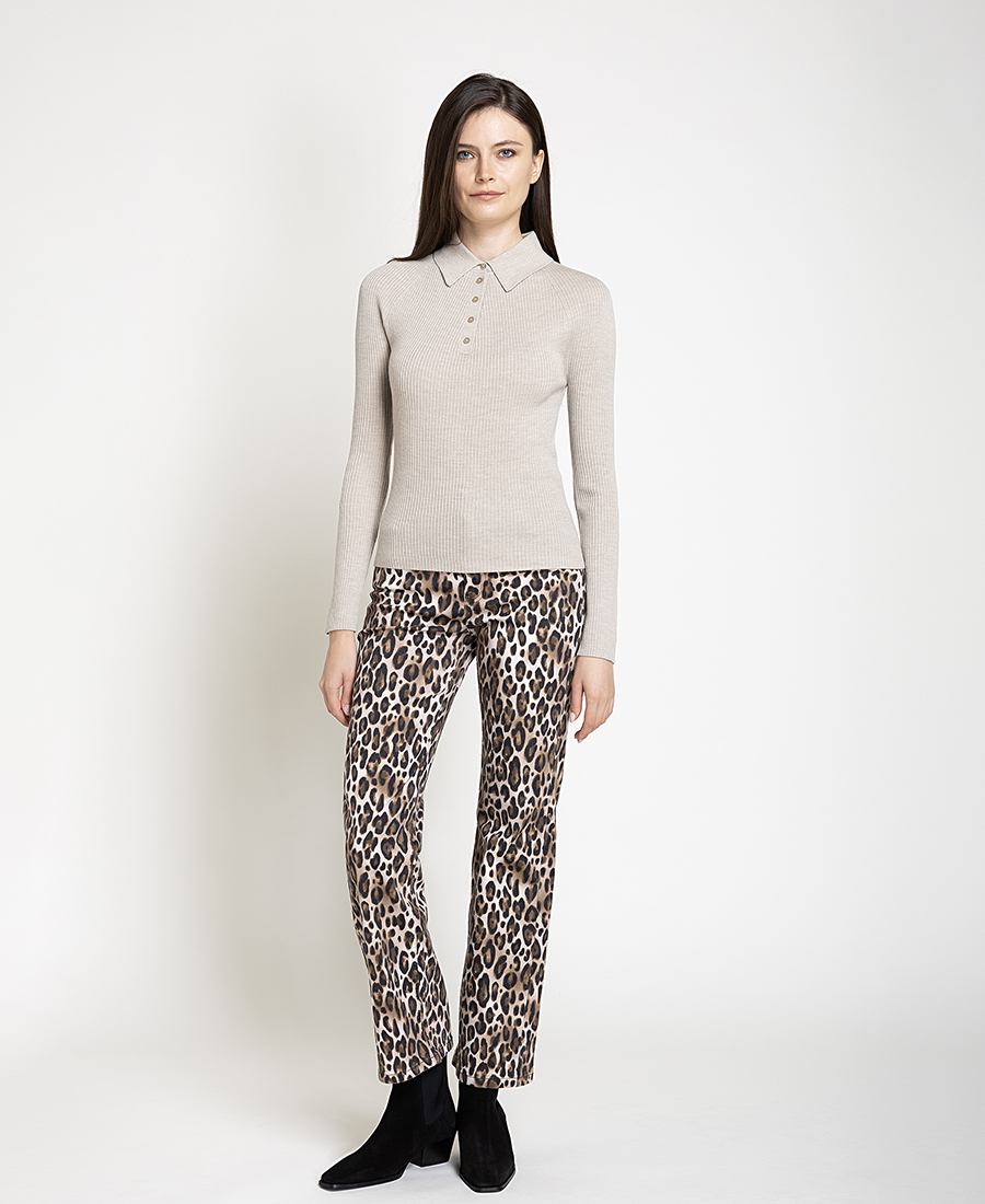 Monari Γυναικείο Βαμβακερό Denim Παντελόνι Με Leopard Print Straight Fit Για Smart Casual Εμφανίσεις
