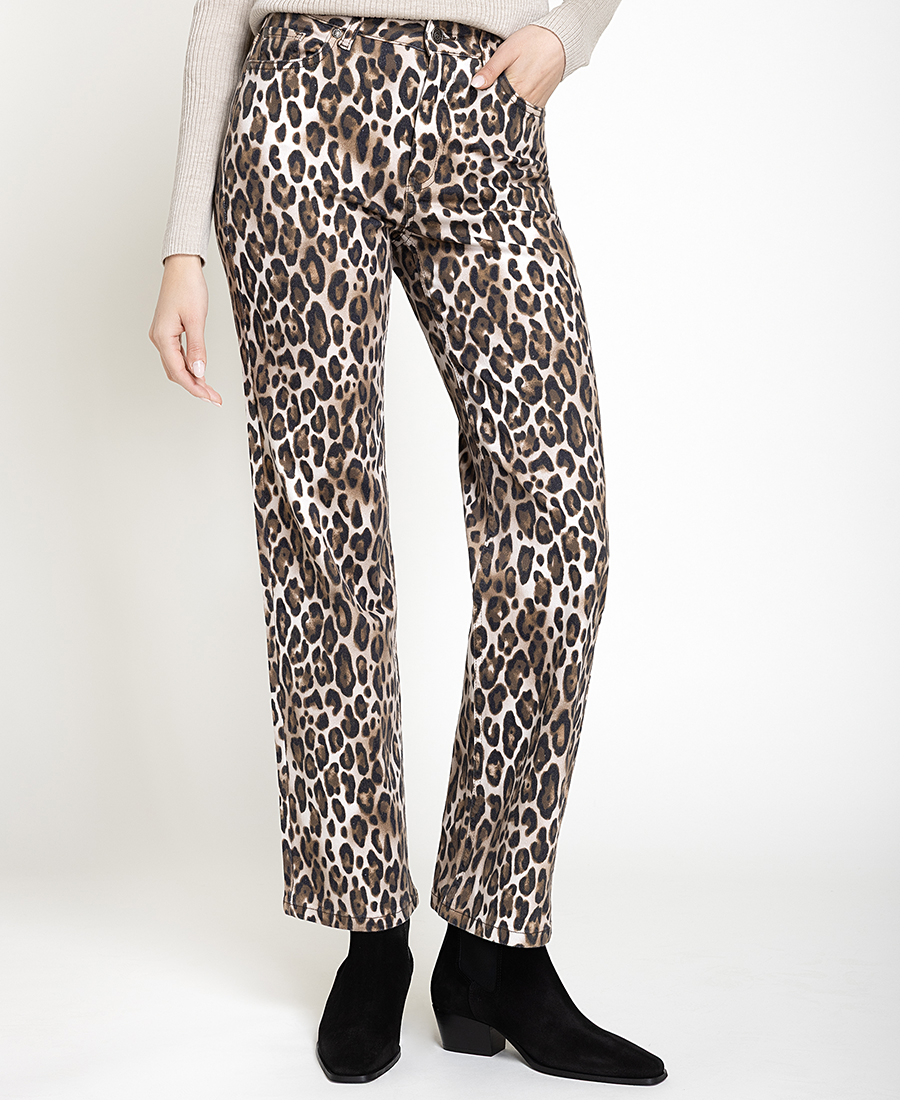Monari Γυναικείο Βαμβακερό Denim Παντελόνι Με Leopard Print Straight Fit Για Smart Casual Εμφανίσεις