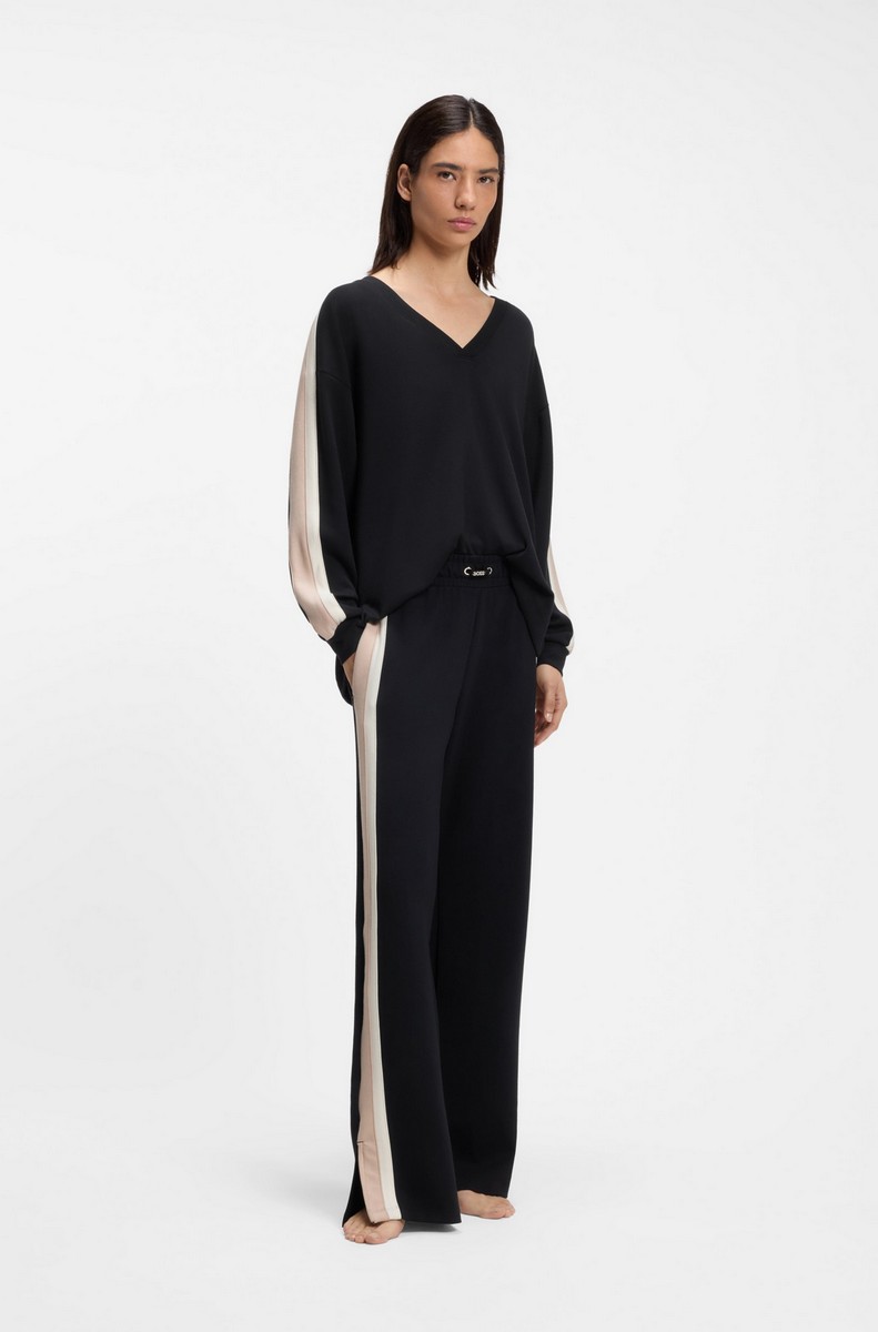 Boss Γυναικείο Μαύρο Μονόχρωμο Παντελόνι Φόρμας Modal Με Ριγέ Λεπτομέρειες Για Loungewear & Casual Εμφανίσεις