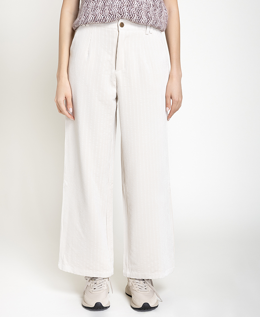 Skatie Γυναικείο Ivory Κοτλέ Παντελόνι Wide Leg Για Smart Casual Εμφανίσεις