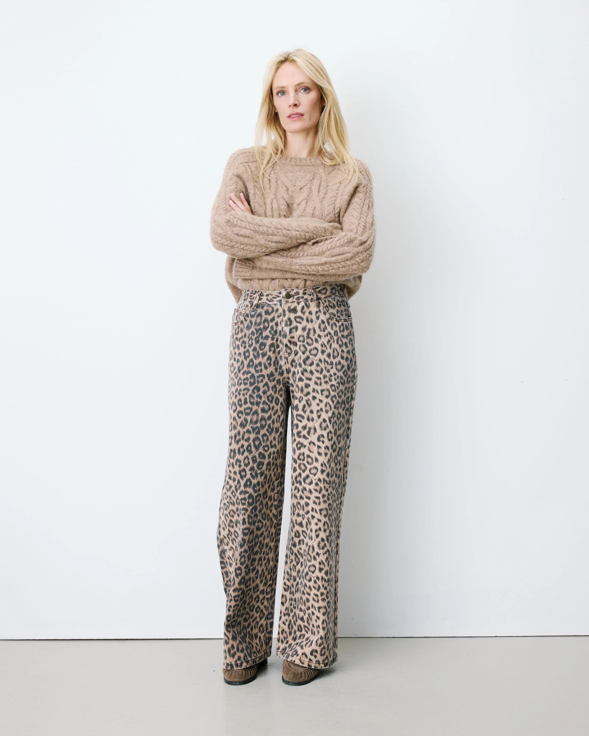 Grace & Mila Γυναικείο Βαμβακερό Denim Παντελόνι Wide Leg Με Animal Print Loose Fit Για All-Day Εμφανίσεις