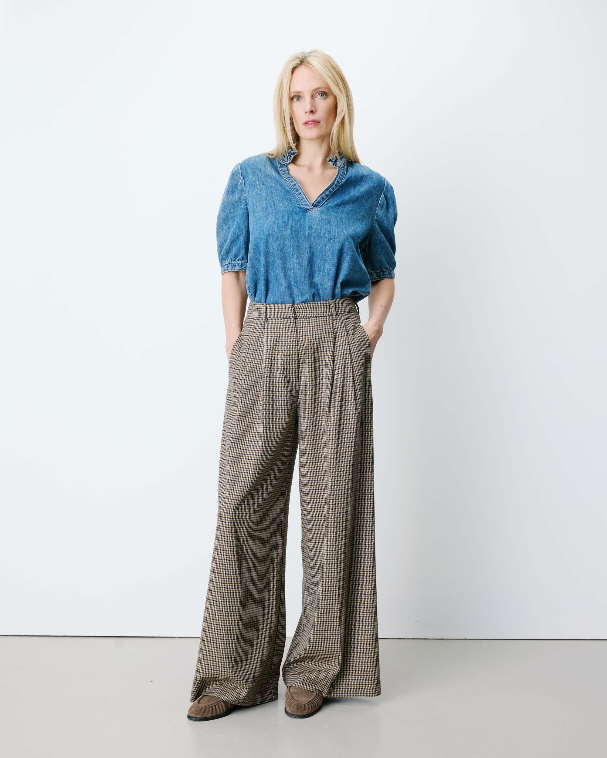 Grace & Mila Γυναικείο Παντελόνι Wide Leg Με Houndstooth Μοτίβο Για Business & Formal Εμφανίσεις