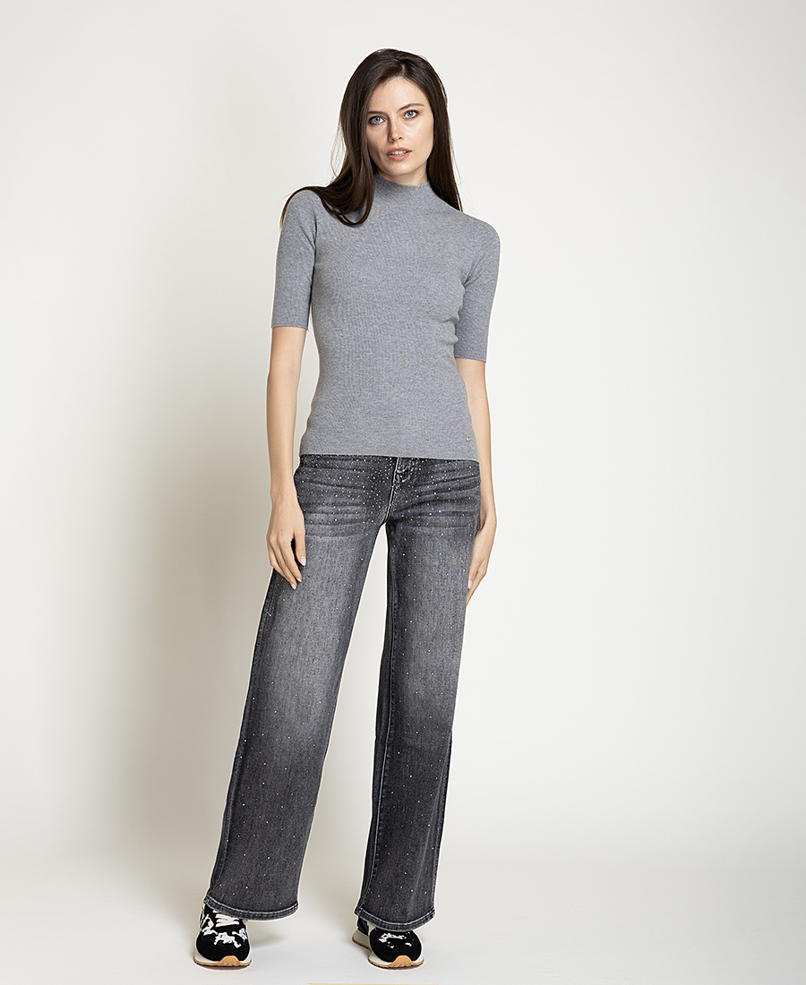 Gaudi Γυναικείο Γκρι Βαμβακερό Denim Παντελόνι Wide Leg Με Strass Λεπτομέρειες Για Statement Εμφανίσεις