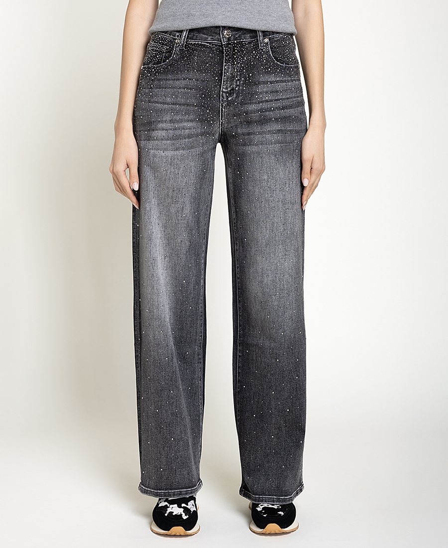 Gaudi Γυναικείο Γκρι Βαμβακερό Denim Παντελόνι Wide Leg Με Strass Λεπτομέρειες Για Statement Εμφανίσεις