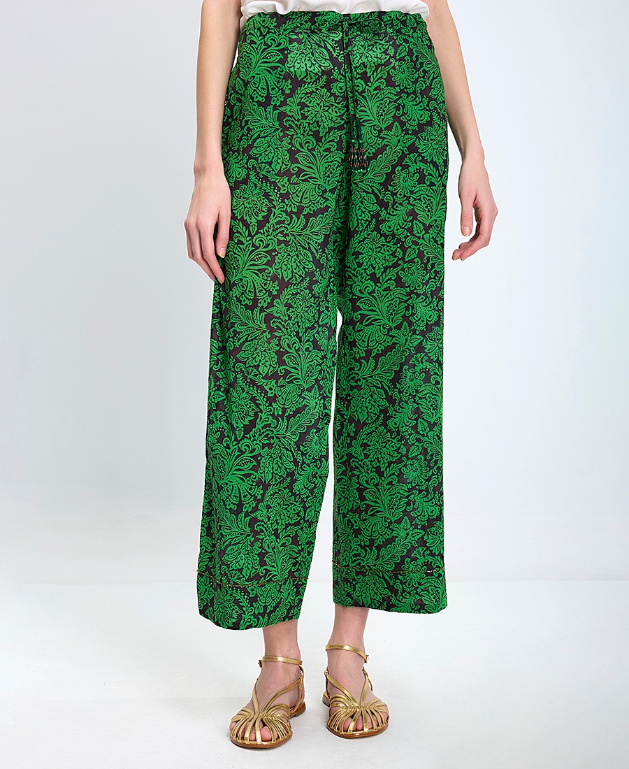 Maliparmi Maliparmi Γυναικείο Παντελόνι Wide Leg Βαμβακερό Με Πράσινο Μοτίβο