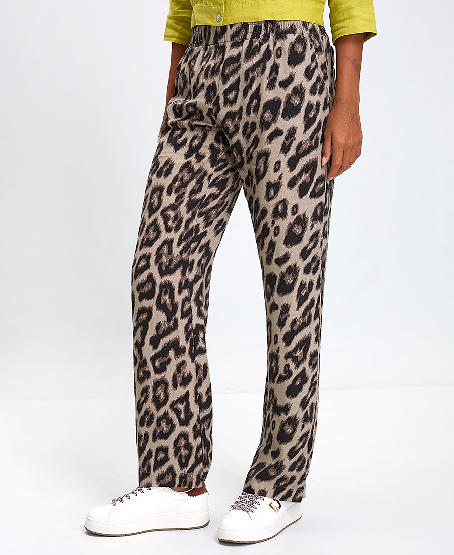 Γυναικείο Παντελόνι Straight Fit Λινό Με Animal Print Λεοπάρ