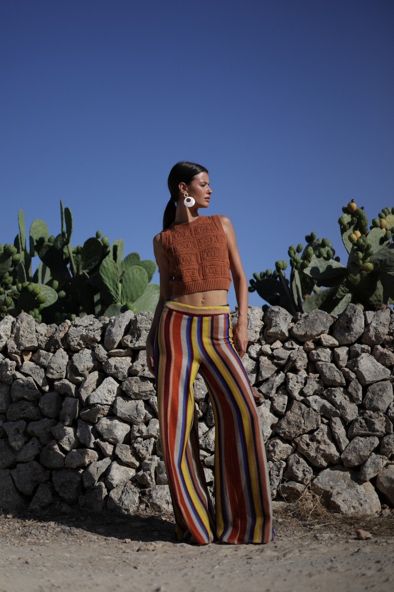 Luna Llena Γυναικείο Παντελόνι Boho με Ριγέ Μοτίβο και Πλέξη Crochet Regular Fit φωτογραφία