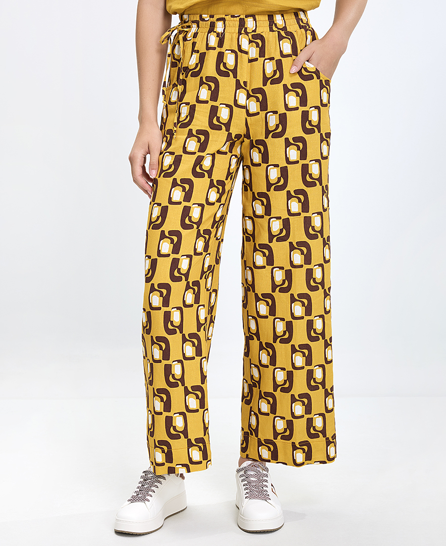 Laura Donini Γυναικείο Παντελόνι Wide Leg με Γραφικό Μοτίβο και Λινή Υφή