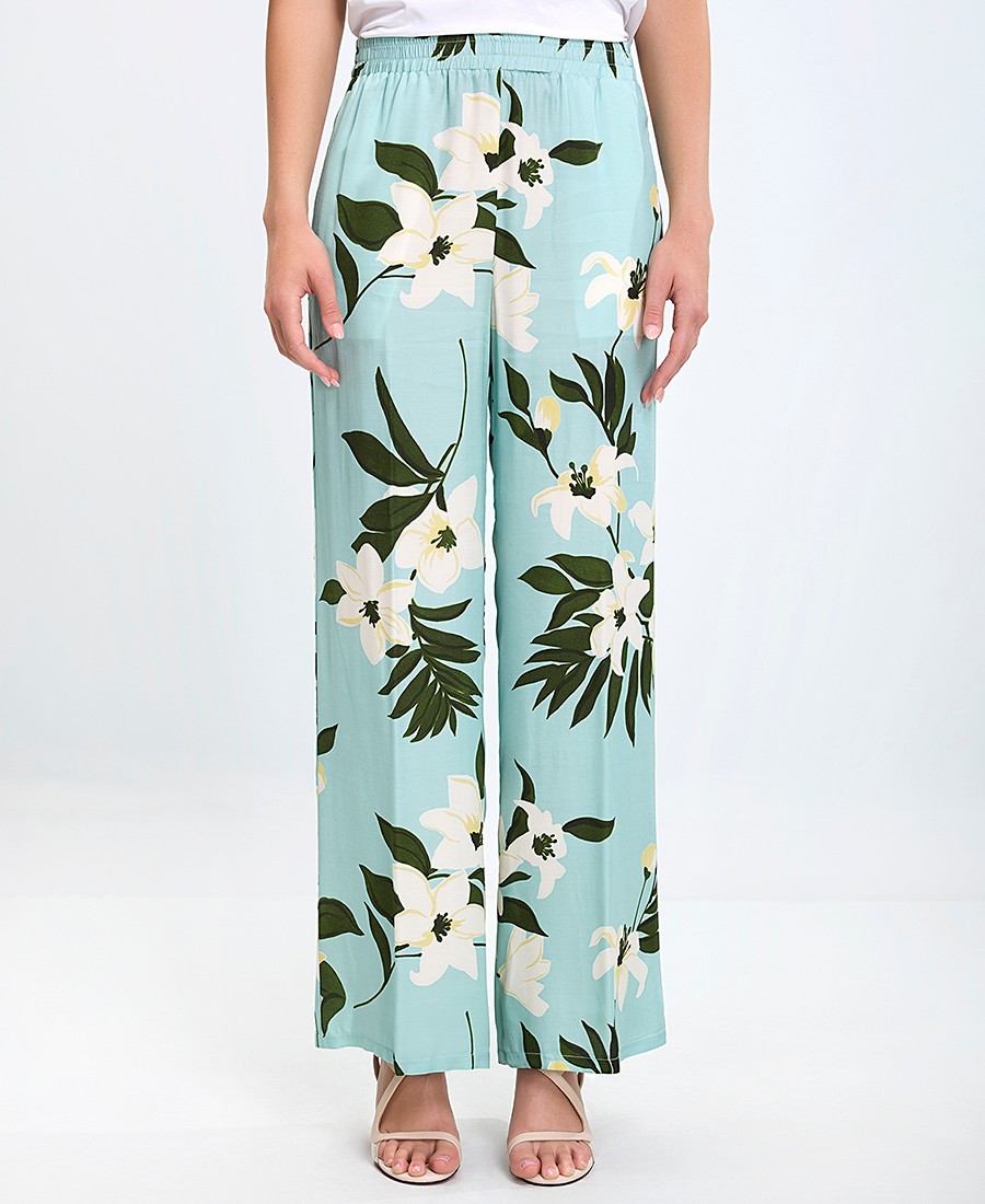 19.70 19.70 Γυναικείο Παντελόνι Wide Fit Βισκόζη Με Φλοράλ Σχέδιο Τυρκουάζ