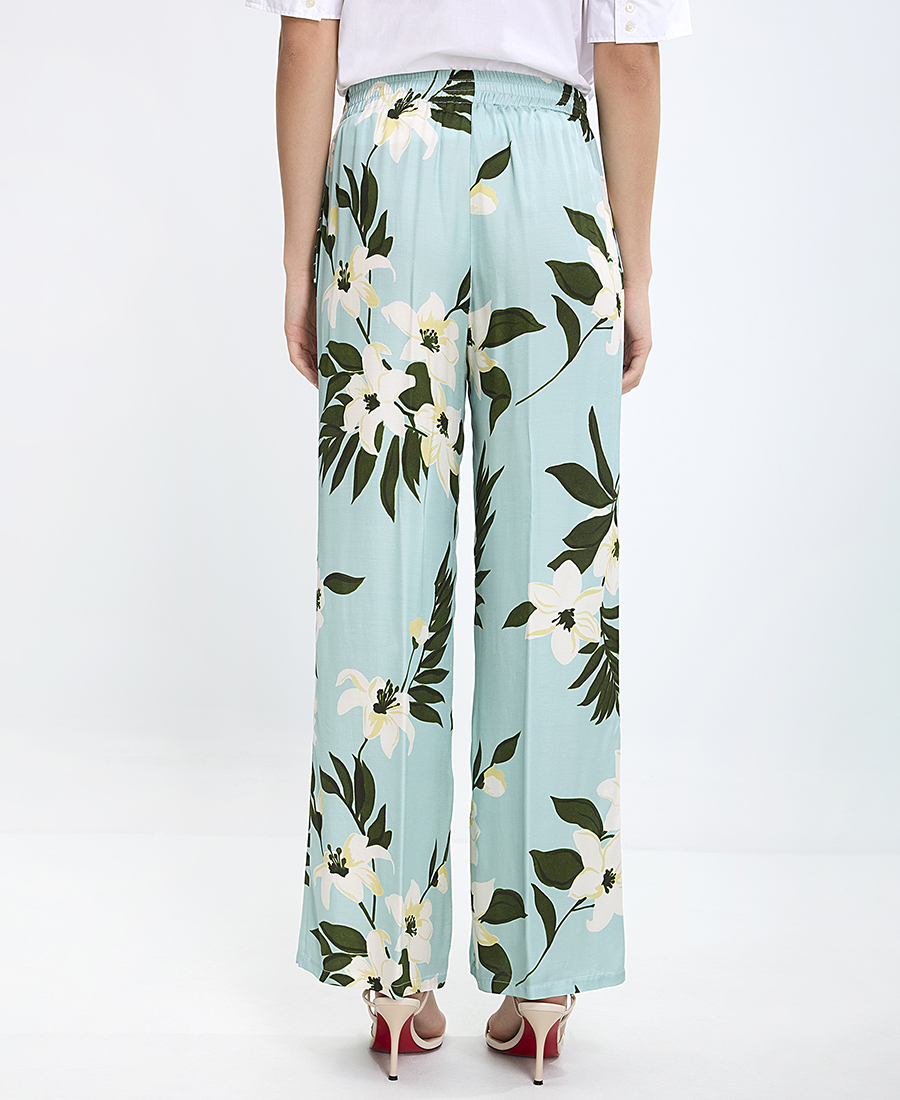 19.70 Γυναικείο Παντελόνι Wide Fit Βισκόζη Με Φλοράλ Σχέδιο Τυρκουάζ φωτογραφία