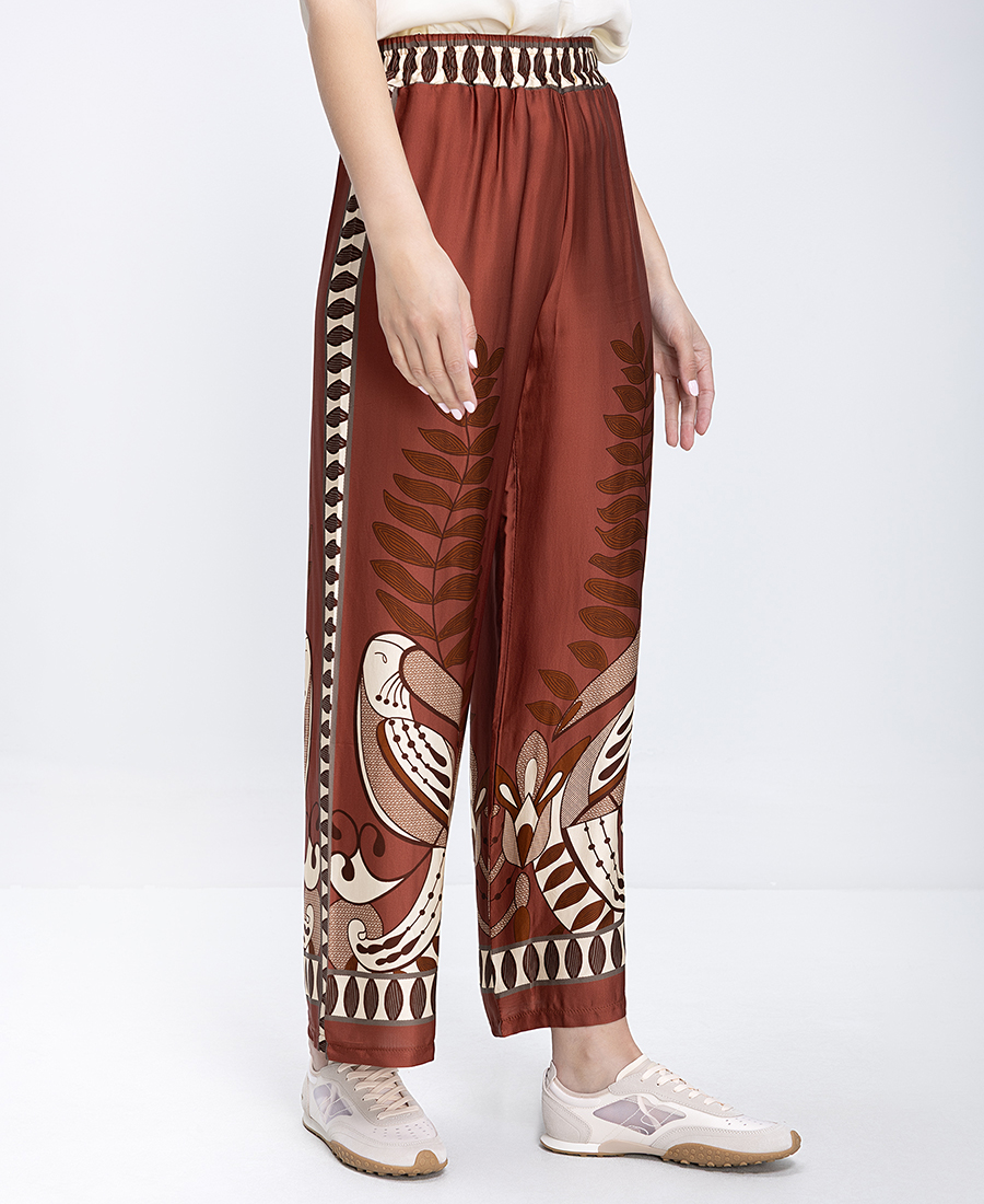 Anonyme Anonyme Γυναικείο Παντελόνι Wide Leg Με Ethnic Σχέδιο Και Λάστιχο Στη Μέση