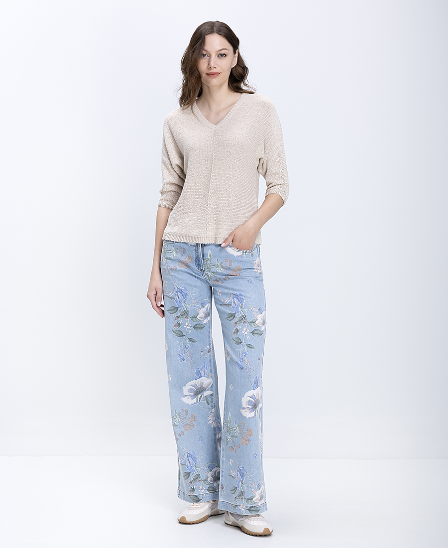Γυναικείο Denim Παντελόνι Floral Wide Leg Fit Με Κεντημένο Σχέδιο