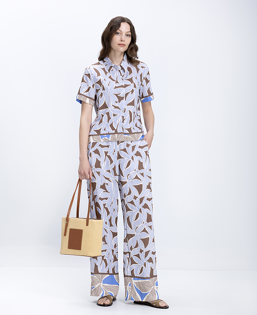 Γυναικείο Παντελόνι Printed Wide Leg Fit Με Tropical Μοτίβο