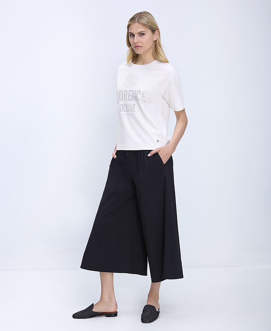 Mina Roo Γυναικείο Παντελόνι Wide Leg Regular Fit Με Ζώνη Και Cropped Μήκος