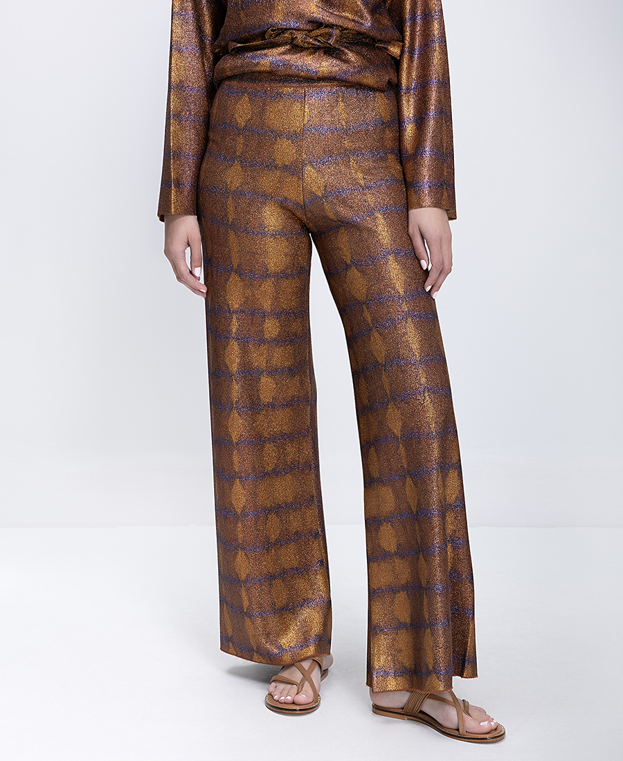 Momoni Momoni Γυναικείο Παντελόνι Wide Leg Με Metallic Υφή Και Λάστιχο Στη Μέση