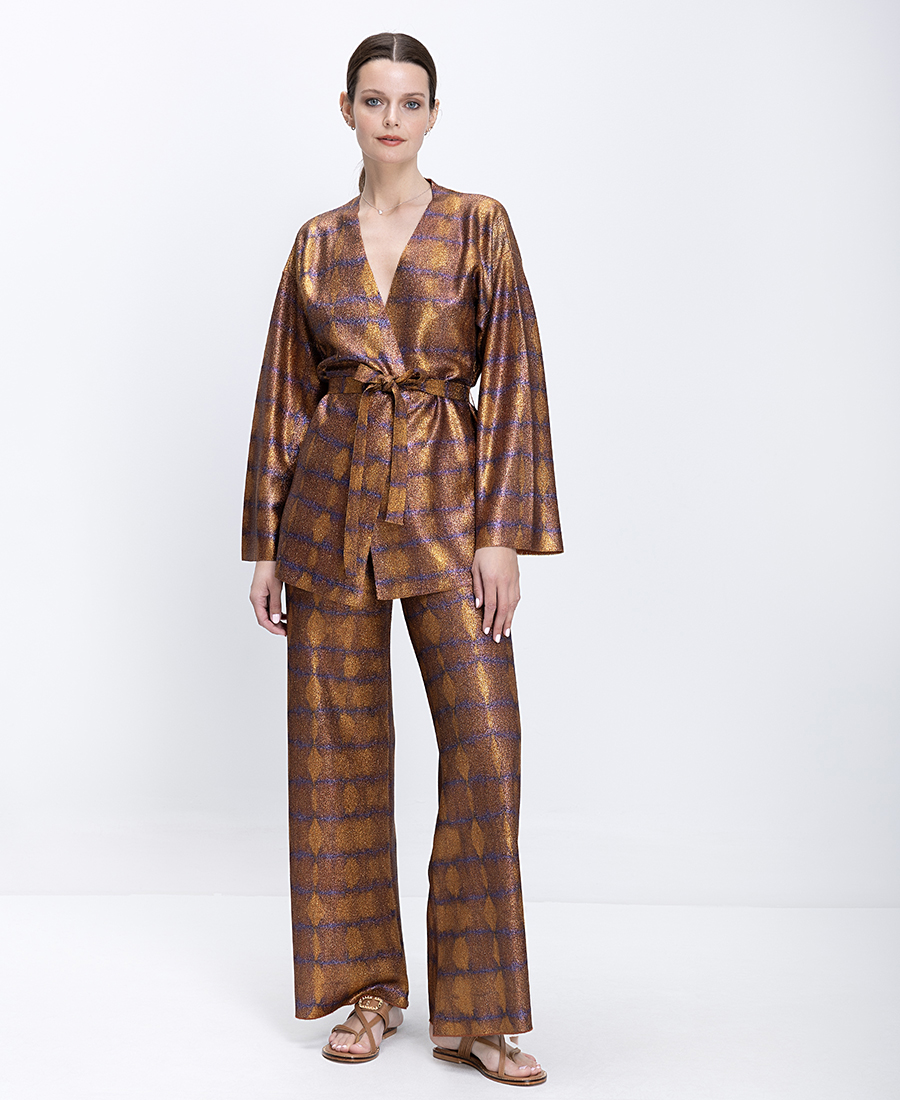 Momoni Γυναικείο Παντελόνι Wide Leg Με Metallic Υφή Και Λάστιχο Στη Μέση φωτογραφία