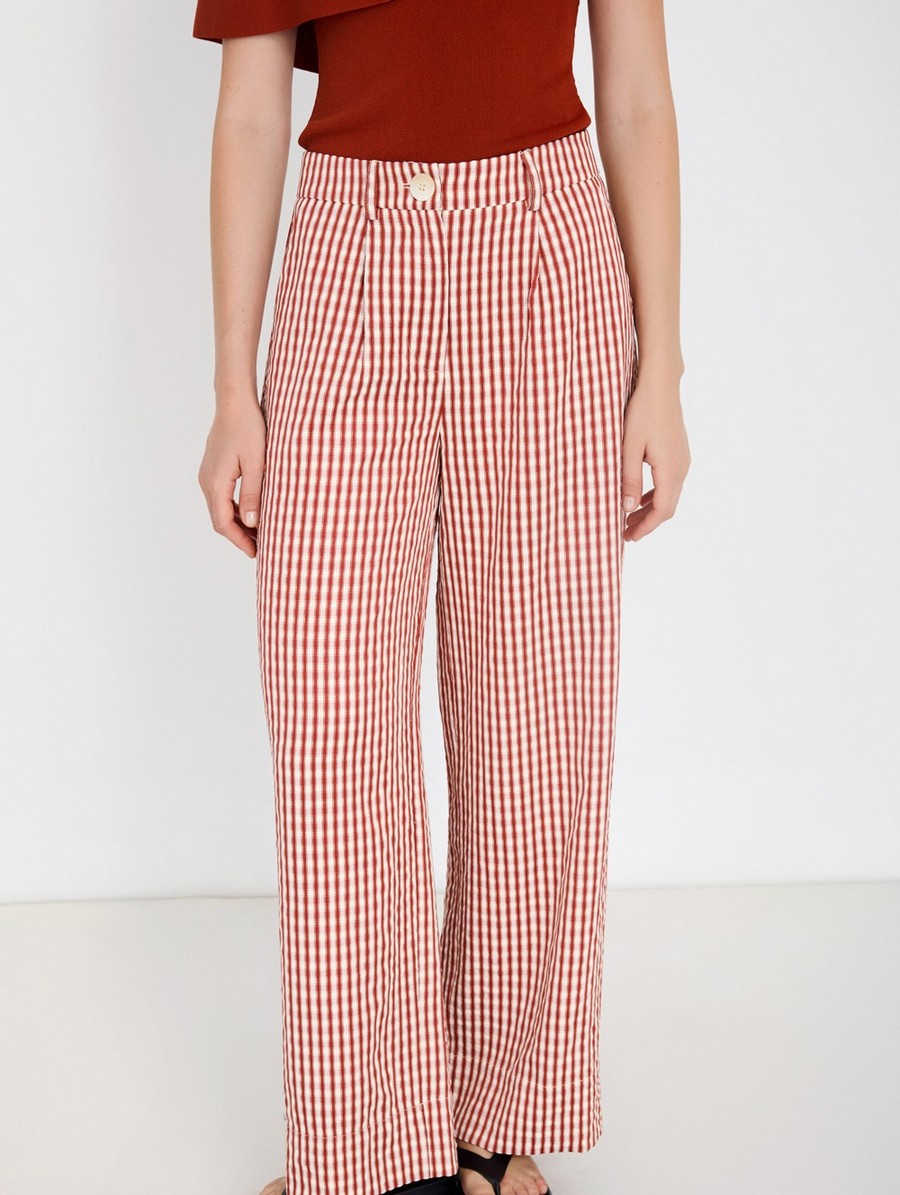 Skatie Skatie Γυναικείο Παντελόνι Straight Fit Με Gingham Καρό Και Πιέτα Μπροστά