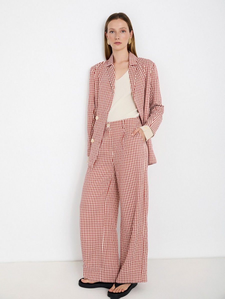 Skatie Γυναικείο Παντελόνι Straight Fit Με Gingham Καρό Και Πιέτα Μπροστά