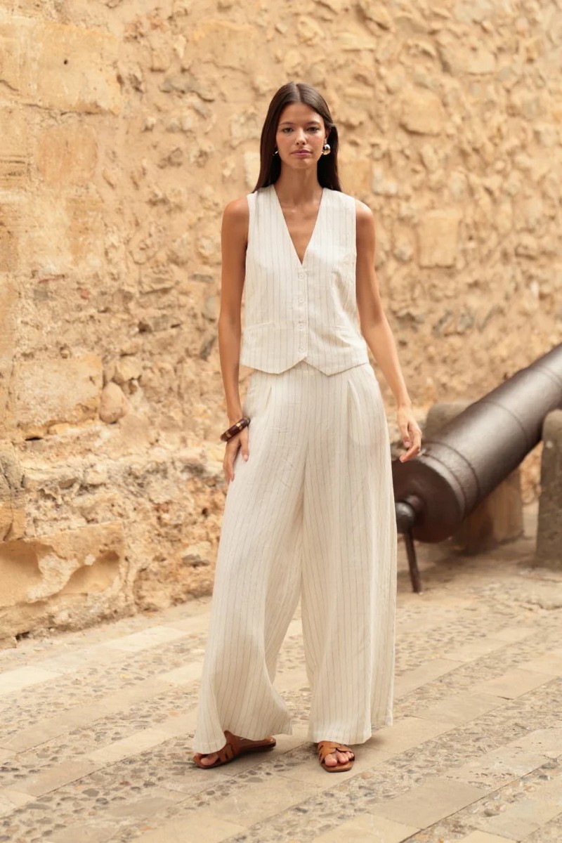 Luna Llena Γυναικείο Παντελόνι Ψηλόμεσο Wide Leg Με Ρίγα Διπλωματική Και Πιέτες