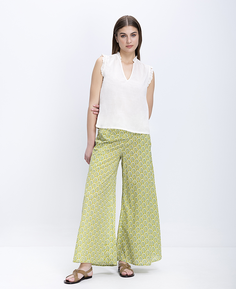 Colores Colores Γυναικεία Βαμβακερή Παντελόνα Wide Leg Με Leafy Μοτίβο