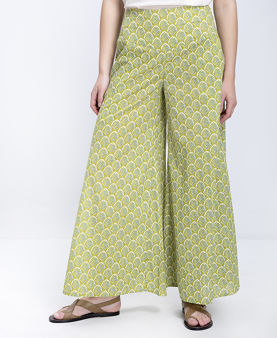 Colores Γυναικεία Βαμβακερή Παντελόνα Wide Leg Με Leafy Μοτίβο