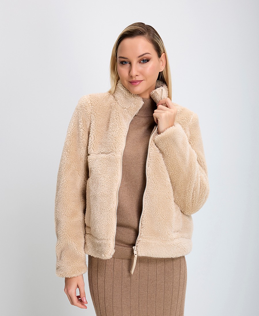 Γυναικείο Γούνινο Μπουφάν με Ψηλό Γιακά Reqular Fit Σαμπανί