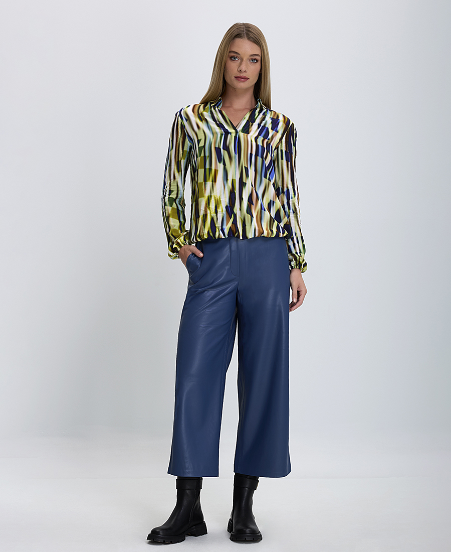 Gerry Weber Γυναικείο Cropped Παντελόνι Wide Leg με Όψη Δέρματος σε Μπλε φωτογραφία